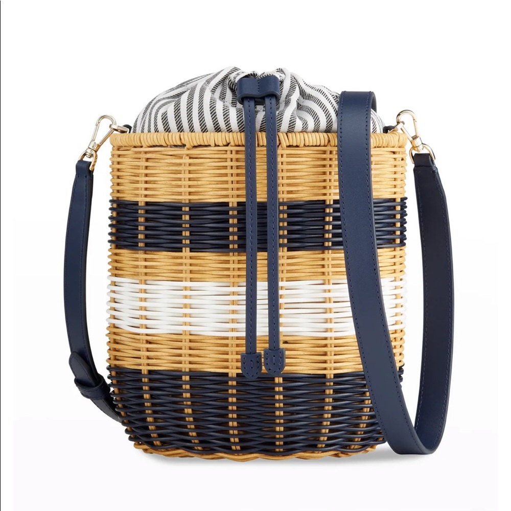 SOLD! 🎉Kate Spade medium wicker basket bag white navy stripe brand new with tag - Picture 6 of 15